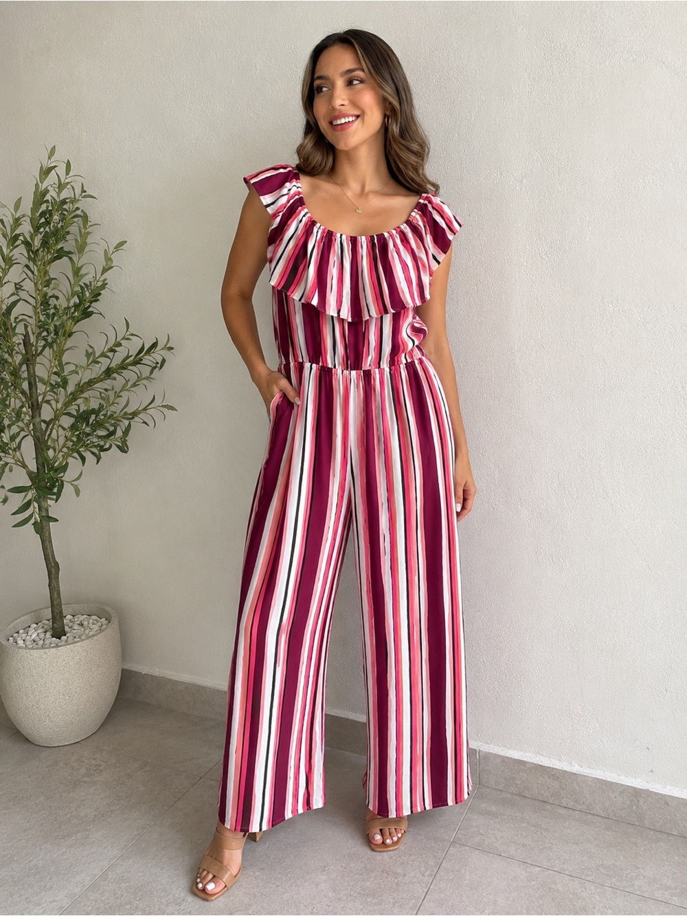 Lane Bryant Women’s Striped Ruffle Wide Leg Jumpsuit Pink Burgundy Size 18/20